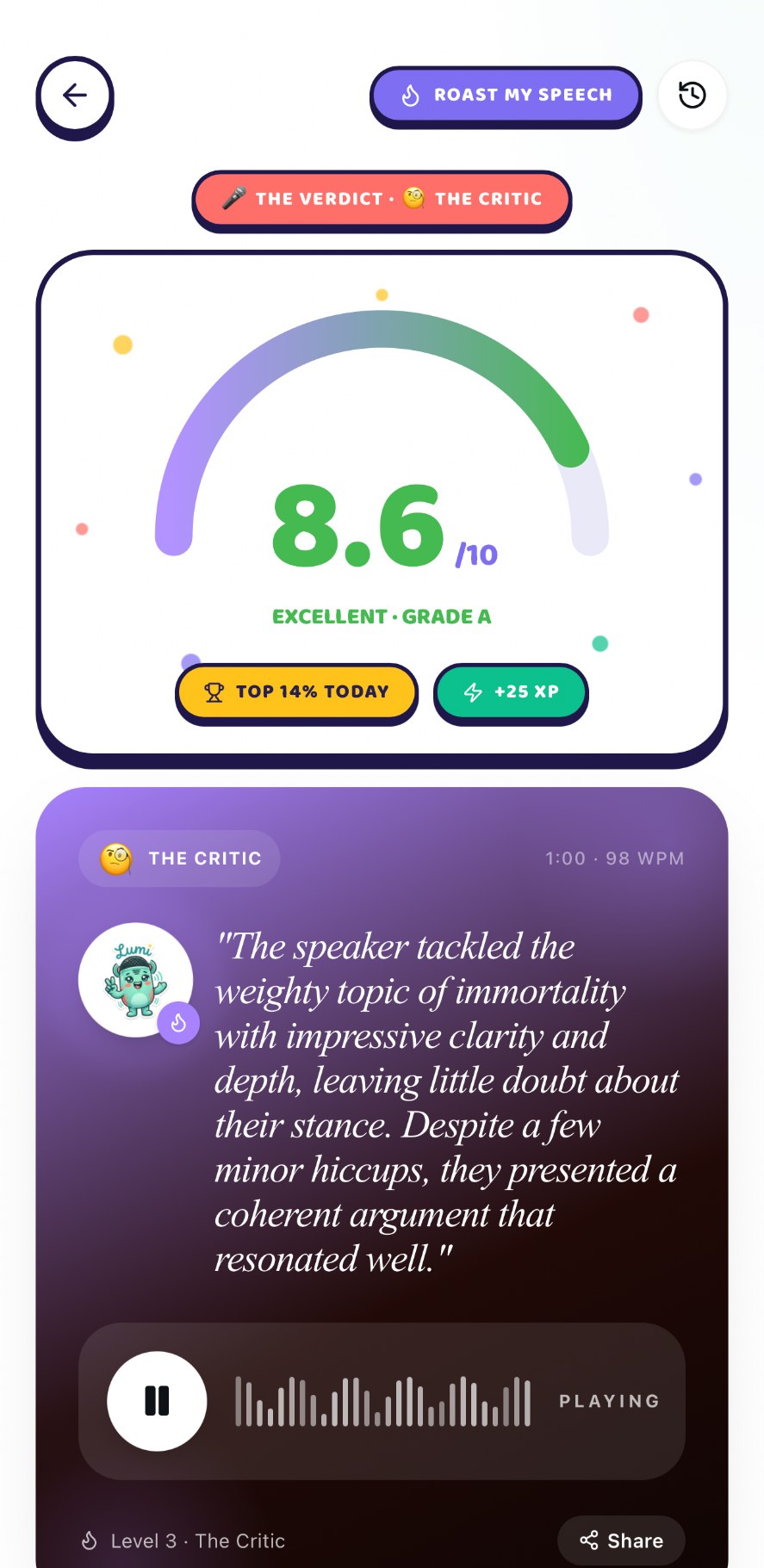 Speech verdict with score gauge